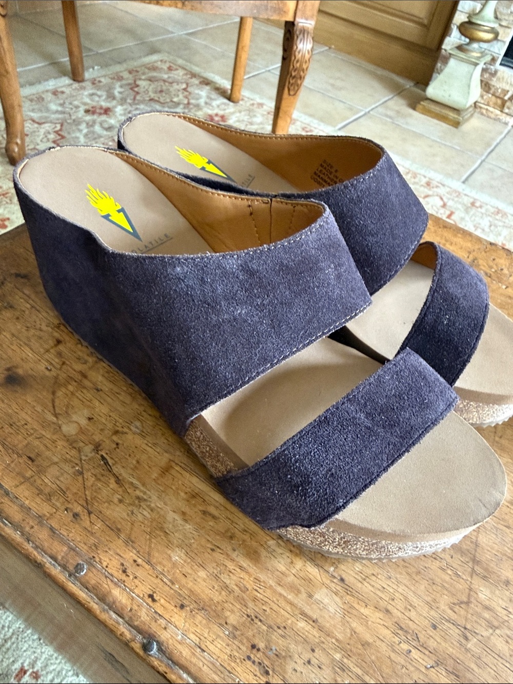 Volatile Charcoal Suede Two-Strap Wedge Sandals